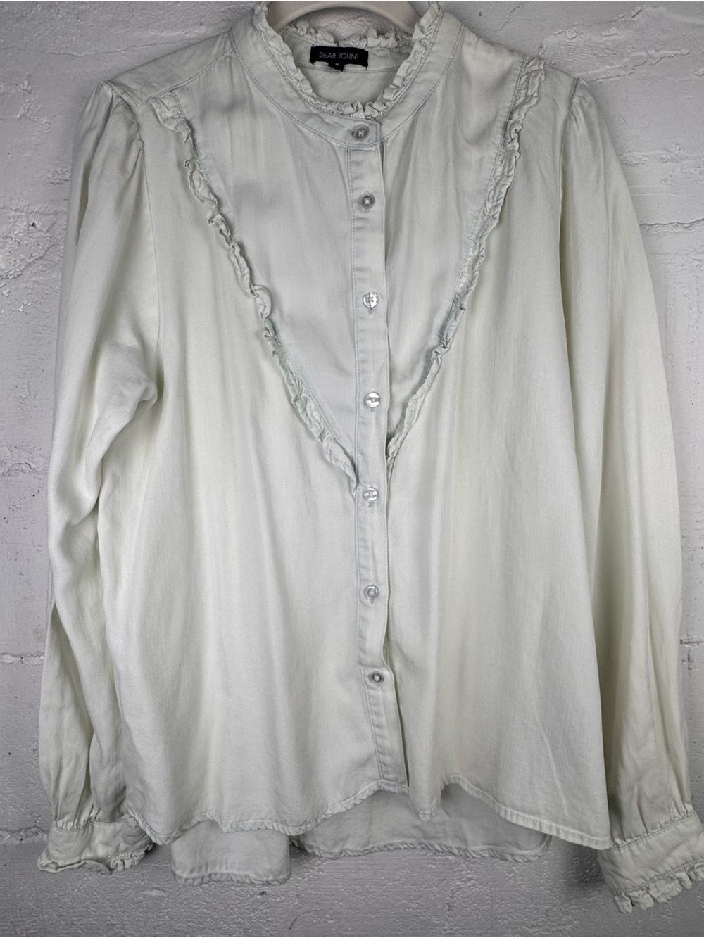 Dear John Women's Cream Ruffle Trim Button Front Blouse peasant denim Shirt
